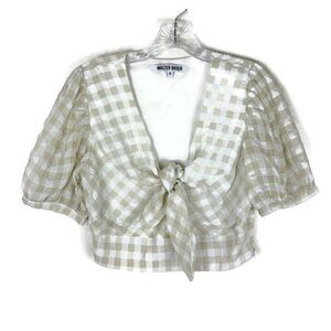 Walter Baker Gingham Print Tie V-Neck Short Sleeve Crop Top Blouse White/Cream